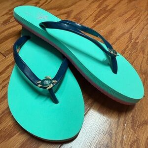 Guy Harvey Sea Turtle Teal and Pink Flip Flops with Dark Blue Straps Size 8